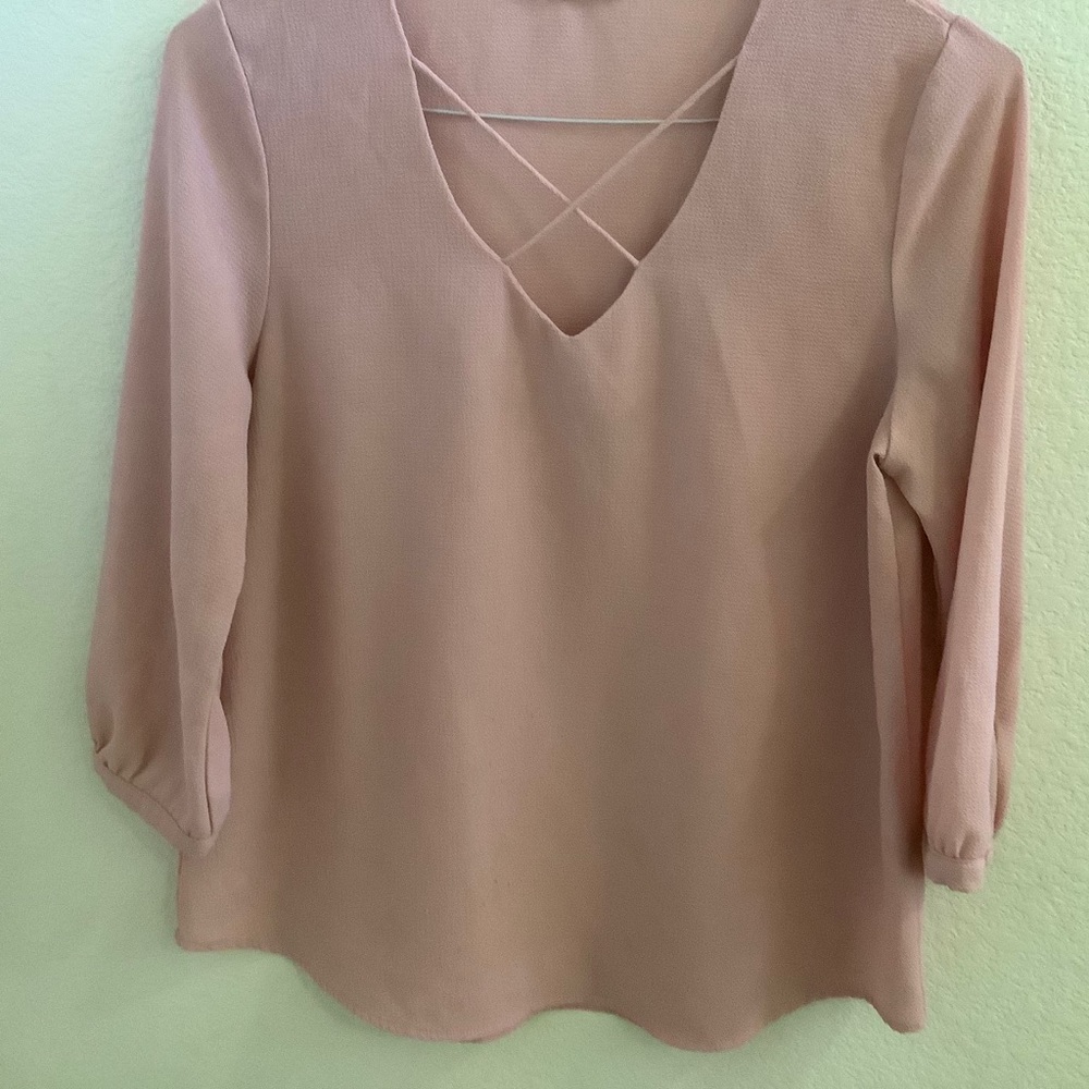 PINK LONG SLEEVE BLUSE WITH CROSS NECK